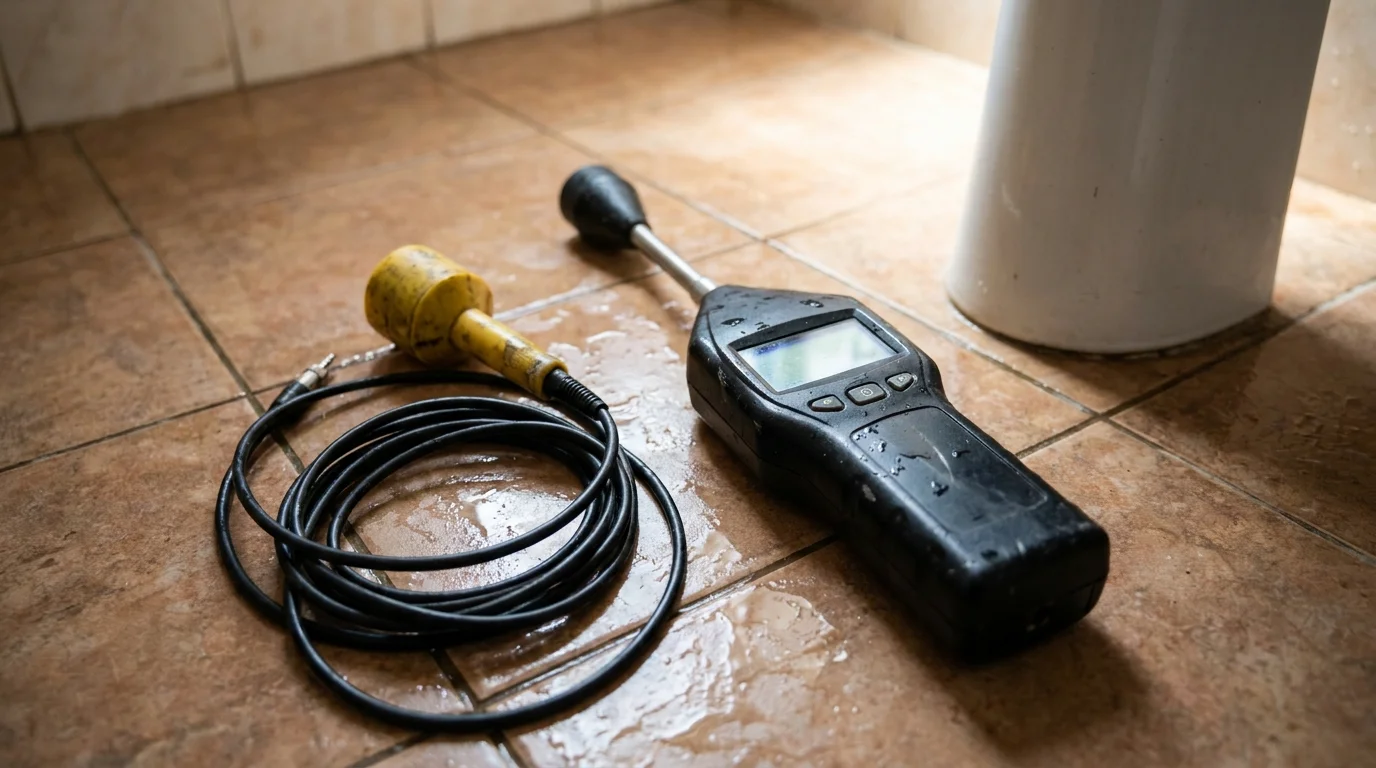 Geófono electrónico y manómetro sobre suelo en una intervención de fontanería